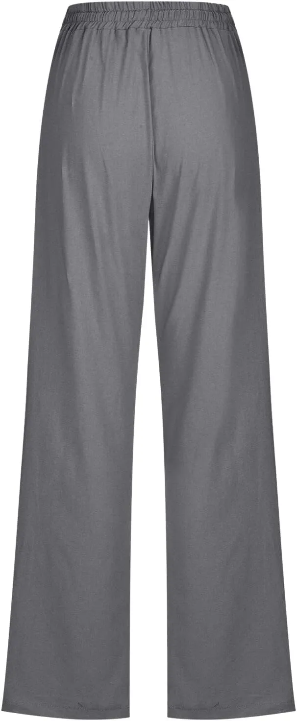 Drawstring Lightweight Cotton Linen Pants Women Summer Casual Solid High Waisted Straight Leg Lounge Trousers Slacks