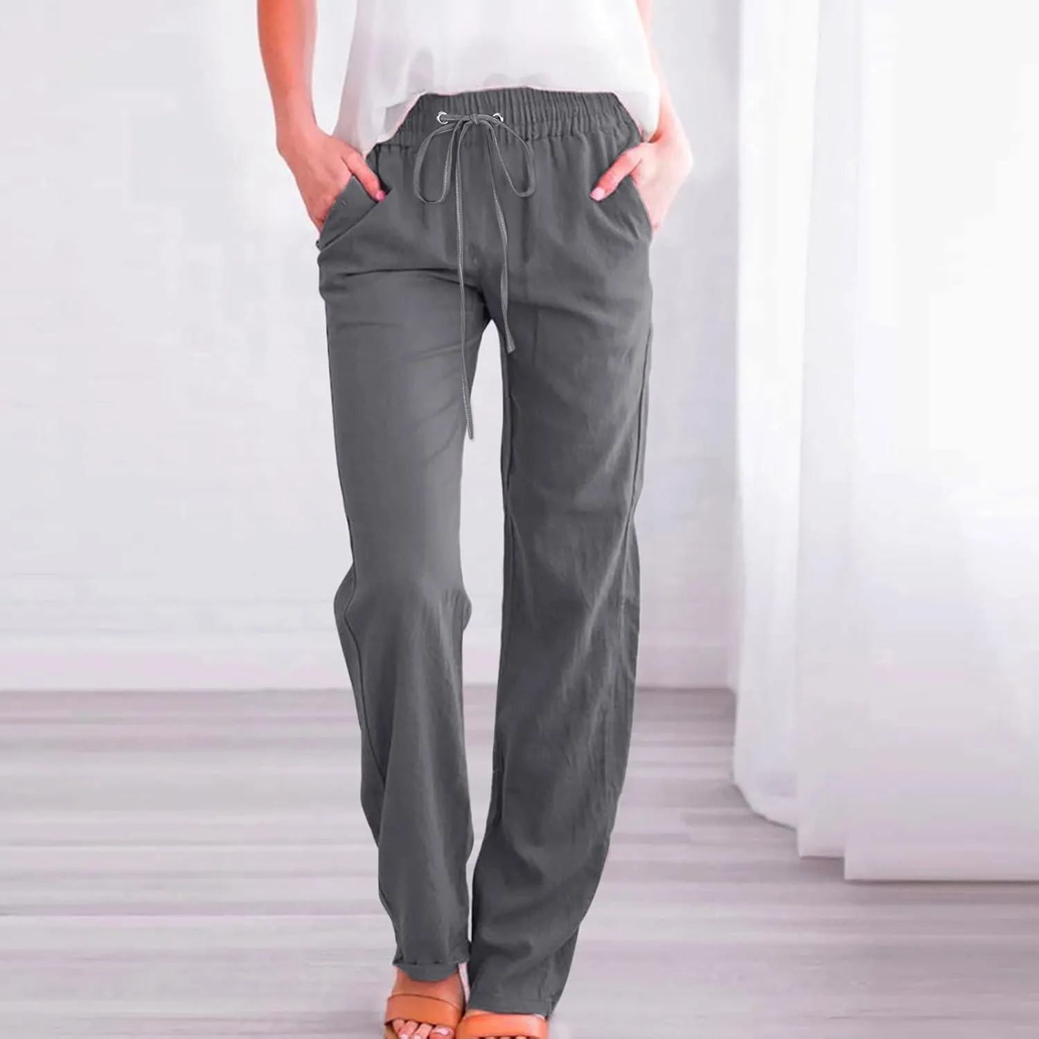 Drawstring Lightweight Cotton Linen Pants Women Summer Casual Solid High Waisted Straight Leg Lounge Trousers Slacks