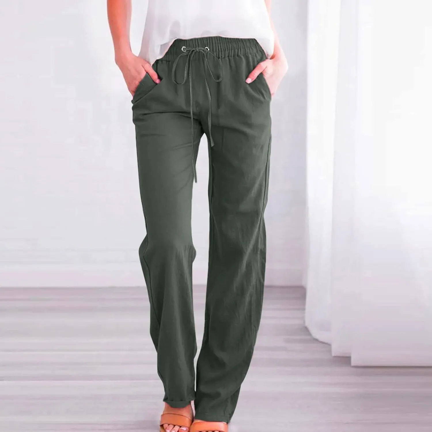 Drawstring Lightweight Cotton Linen Pants Women Summer Casual Solid High Waisted Straight Leg Lounge Trousers Slacks