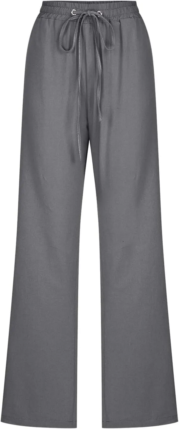 Drawstring Lightweight Cotton Linen Pants Women Summer Casual Solid High Waisted Straight Leg Lounge Trousers Slacks