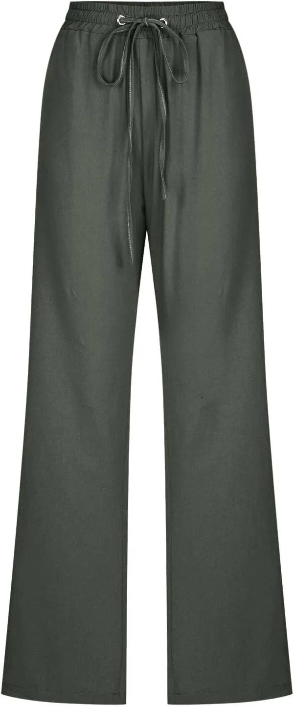 Drawstring Lightweight Cotton Linen Pants Women Summer Casual Solid High Waisted Straight Leg Lounge Trousers Slacks