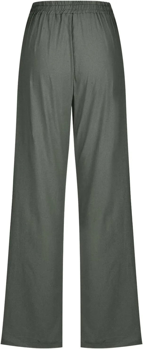 Drawstring Lightweight Cotton Linen Pants Women Summer Casual Solid High Waisted Straight Leg Lounge Trousers Slacks