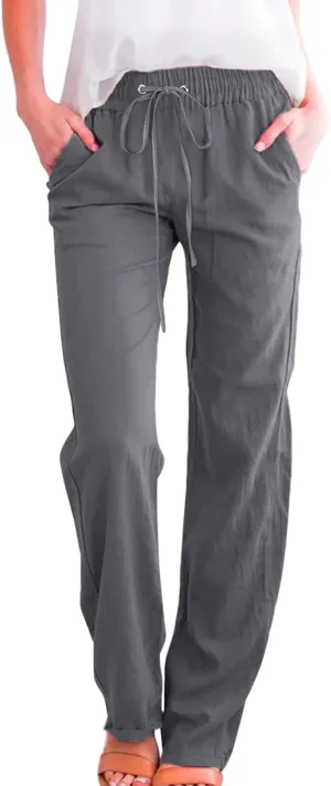 Drawstring Lightweight Cotton Linen Pants Women Summer Casual Solid High Waisted Straight Leg Lounge Trousers Slacks