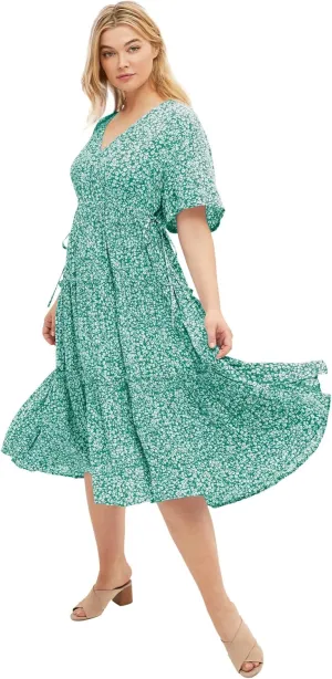 ellos Women's Plus Size Tiered Midi Dress with Surplice Neckline