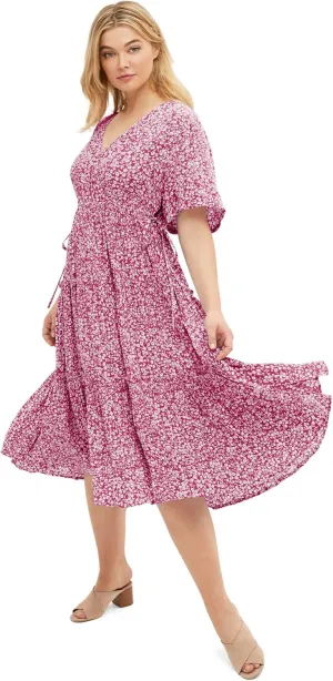 ellos Women's Plus Size Tiered Midi Dress with Surplice Neckline