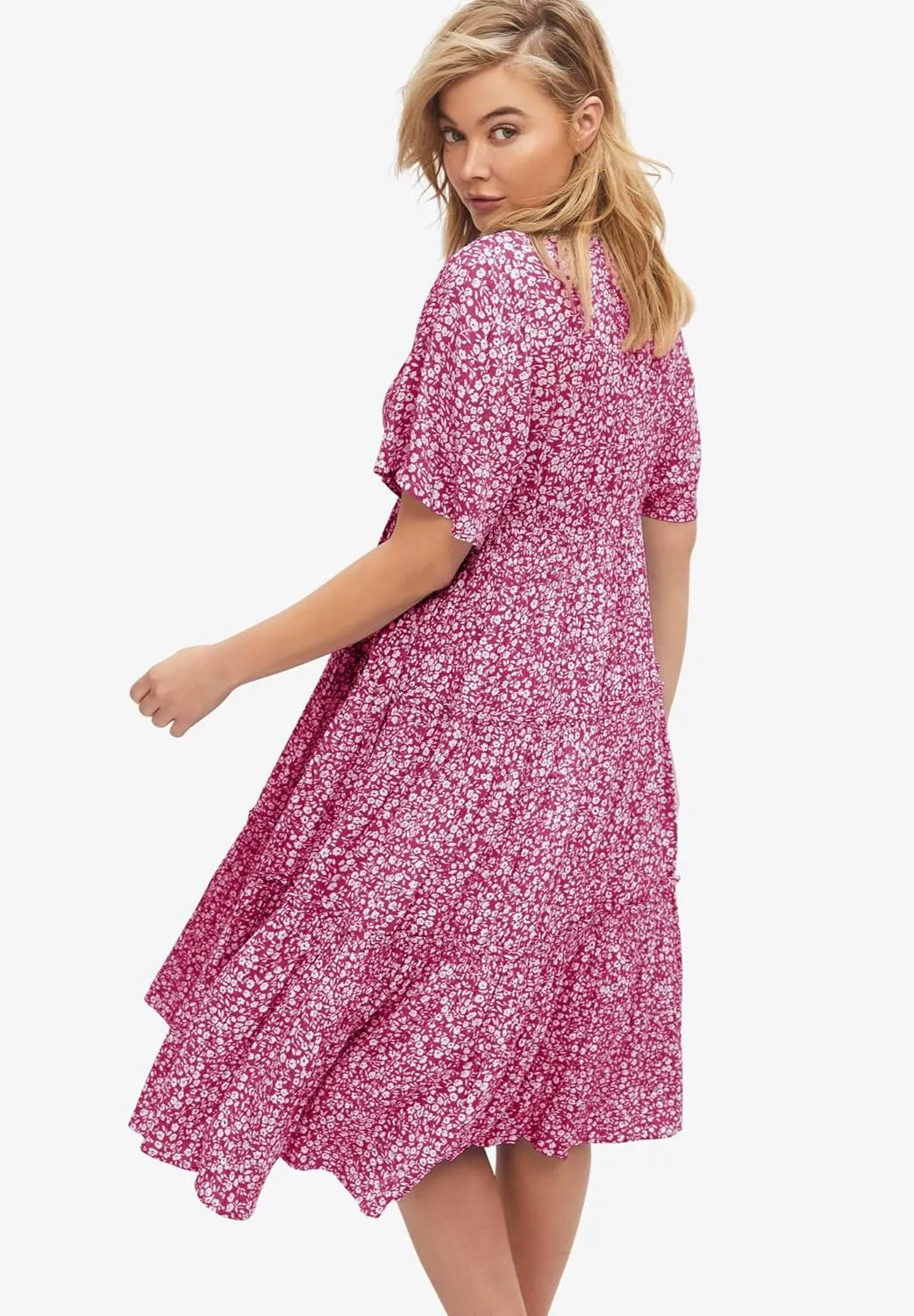 ellos Women's Plus Size Tiered Midi Dress with Surplice Neckline