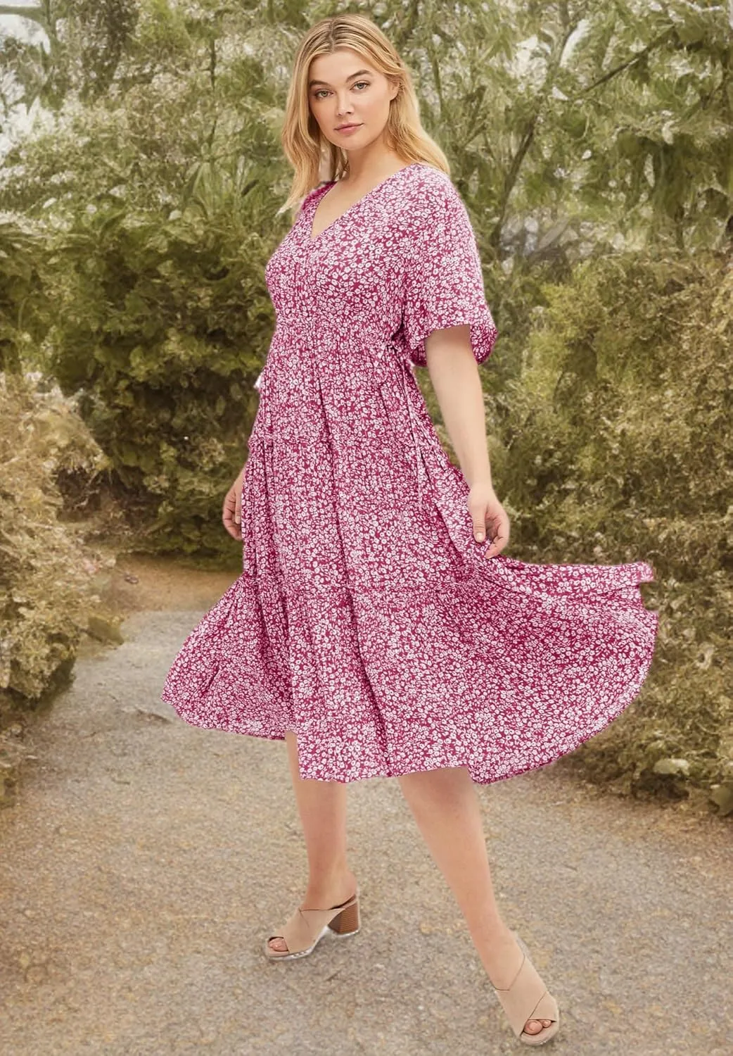 ellos Women's Plus Size Tiered Midi Dress with Surplice Neckline