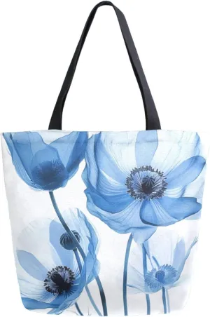Extra Large Shoulder Gym Tote Bag, Beautiful Art Blue Poppy Flowers Canvas Handle Bag for Yoga Weekender Picnic Beach Travel Kitchen Reusable Market Grocery Shopping