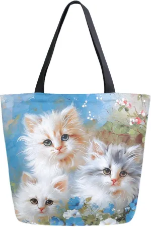 Fashion Extra Large Shoulder Grocery Tote Bag, Beautiful Flowers Three Cats Painting Canvas Daily Handle Bag for Gym Yoga Weekender Beach Travel Picnic Kitchen Reusable Market Shopping