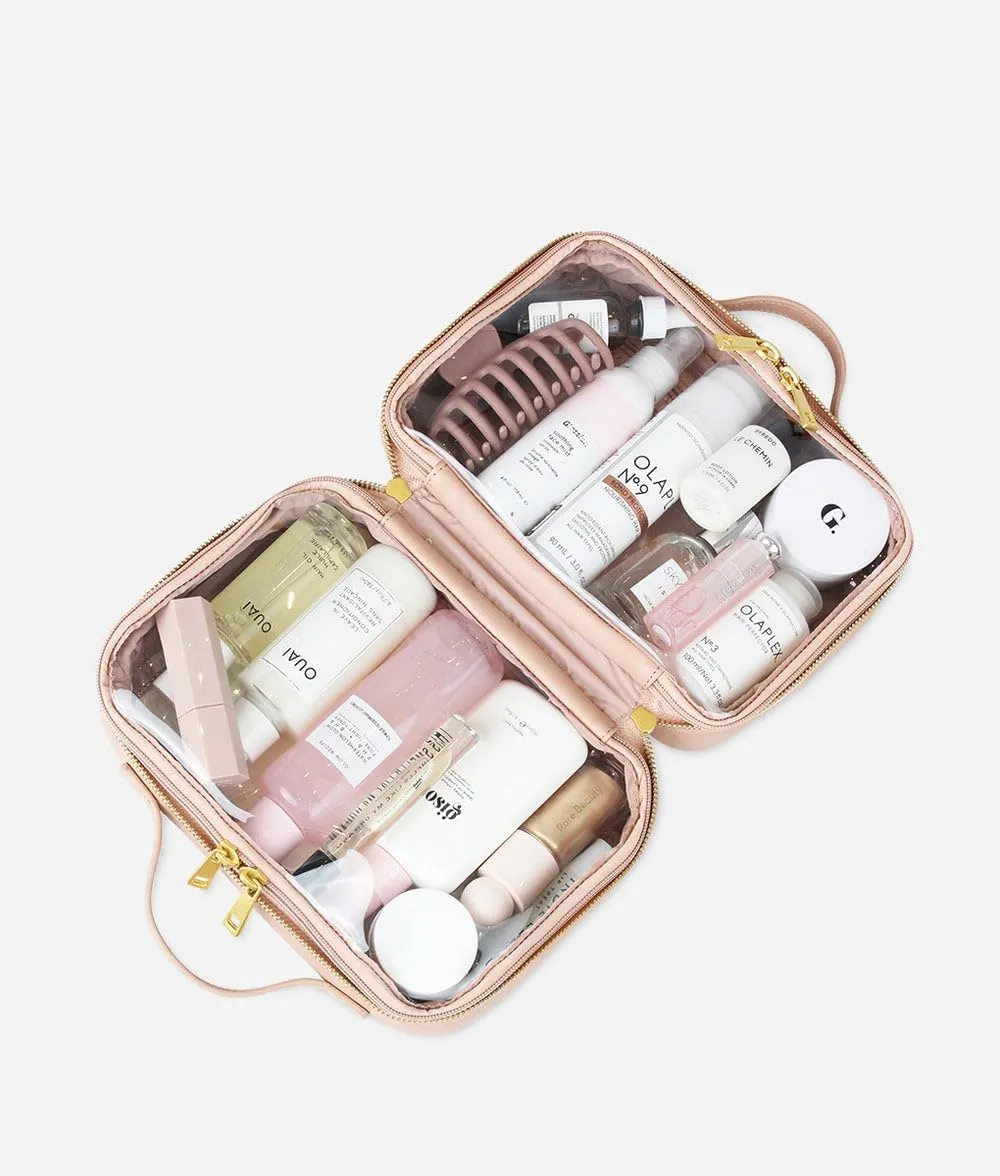 FAWN DESIGN The Toiletry Case, Hanging Travel Toiletry Bag for Women, 2 Compartments, Premium Matte Faux Leather Clear Toiletry Bag, Zippered Large Toiletry Bag, Easy to Clean, 9.5 x 3.5 x 6.5 inches