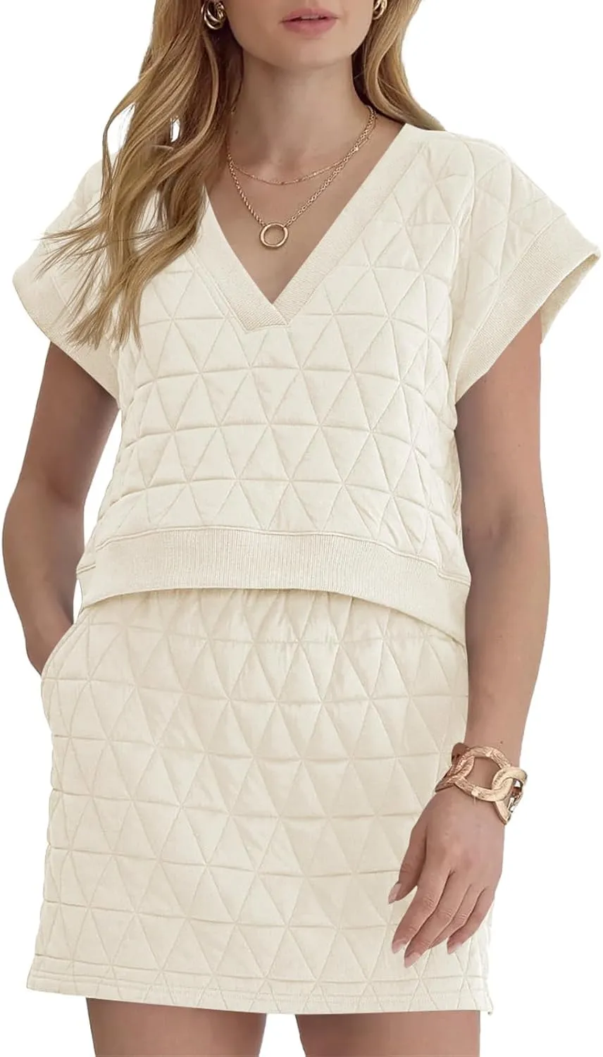 Fisoew Womens Argyle 2 Piece Outfits Skirt Sets Short Sleeve V Neck Tops and Casual Mini Skirts Lounge Sets