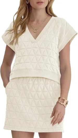 Fisoew Womens Argyle 2 Piece Outfits Skirt Sets Short Sleeve V Neck Tops and Casual Mini Skirts Lounge Sets