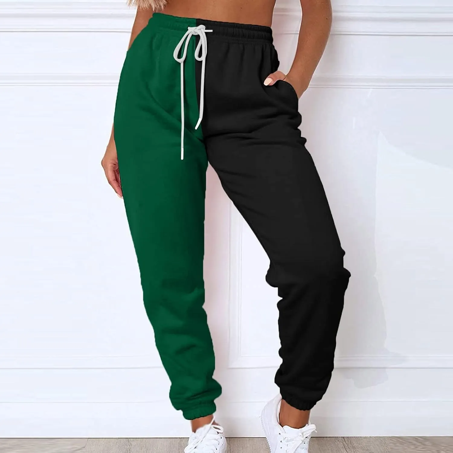Fleece Straight Leg Sweatpants for Women Elastic High Waisted Joggers with Pockets Lightweight Cinch Bottom Trousers