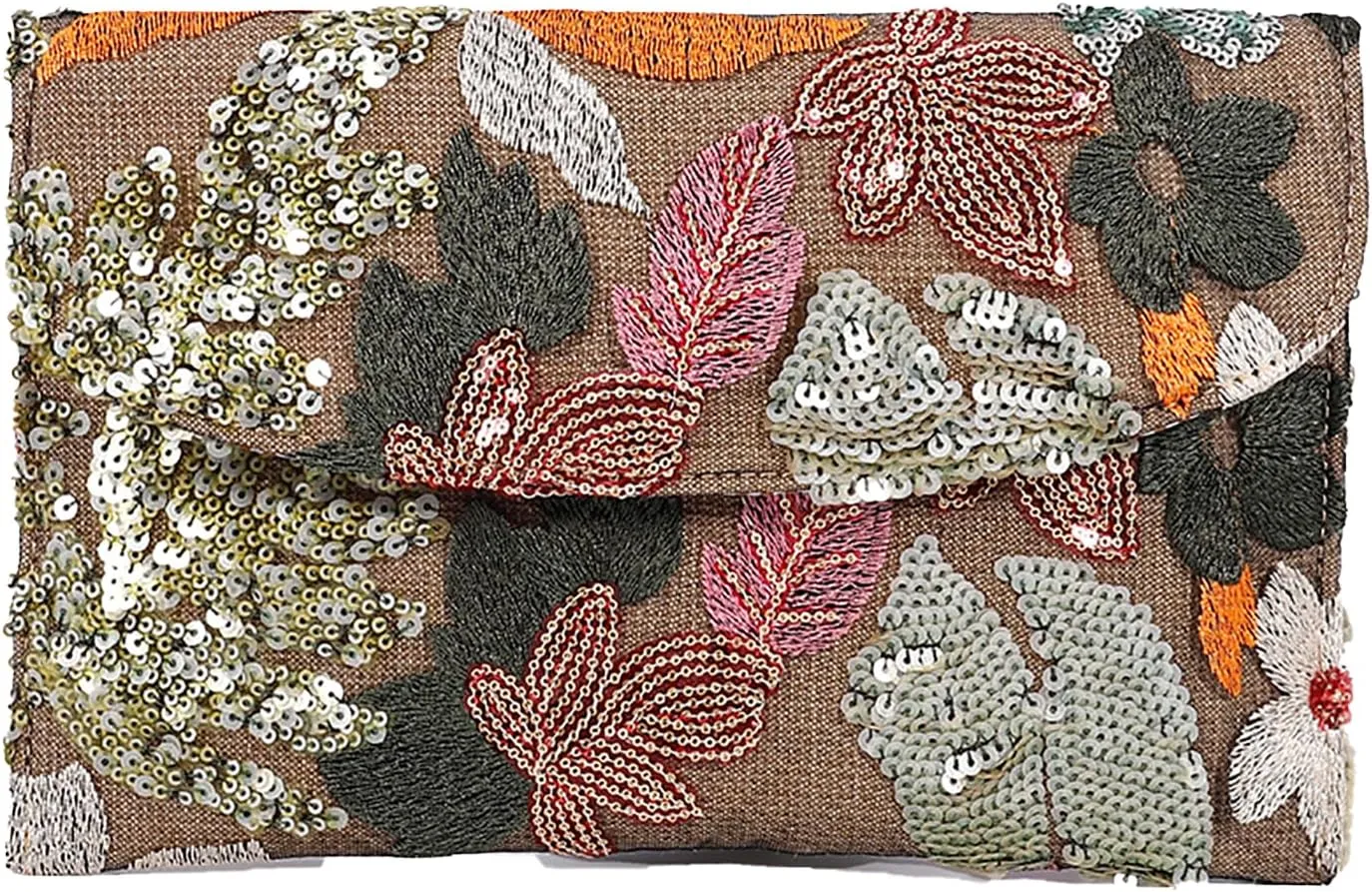 Floral Clutch Bag Envelope Purses for Women Sequin Embroidered Flowers Beach Bag for Evening Party