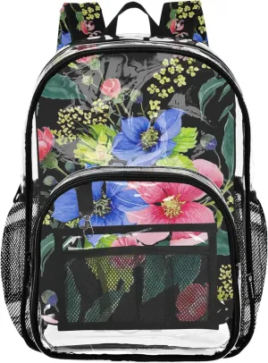 Floral Watercolor Colorful Black Clear Backpack for Women Girls Backpack for Kids School Clear Shoulder Bag