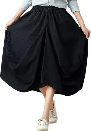 Flygo Women's Retro Elastic Waist Pleated Baggy Linen Midi Skirts with Pockets