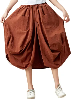 Flygo Women's Retro Elastic Waist Pleated Baggy Linen Midi Skirts with Pockets