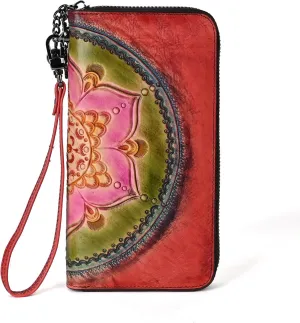 Genuine Leather Women's Wallet Flower Pattern Wristlet Long Wallet Card Holder (RED)