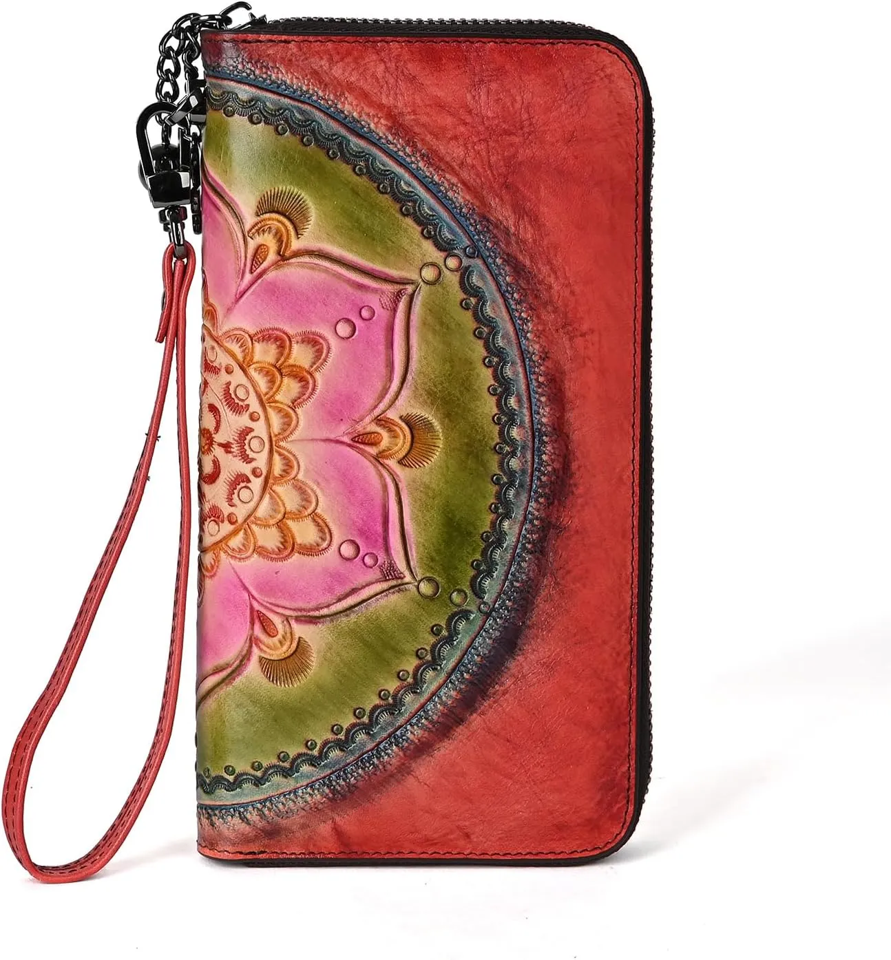 Genuine Leather Women's Wallet Flower Pattern Wristlet Long Wallet Card Holder (RED)