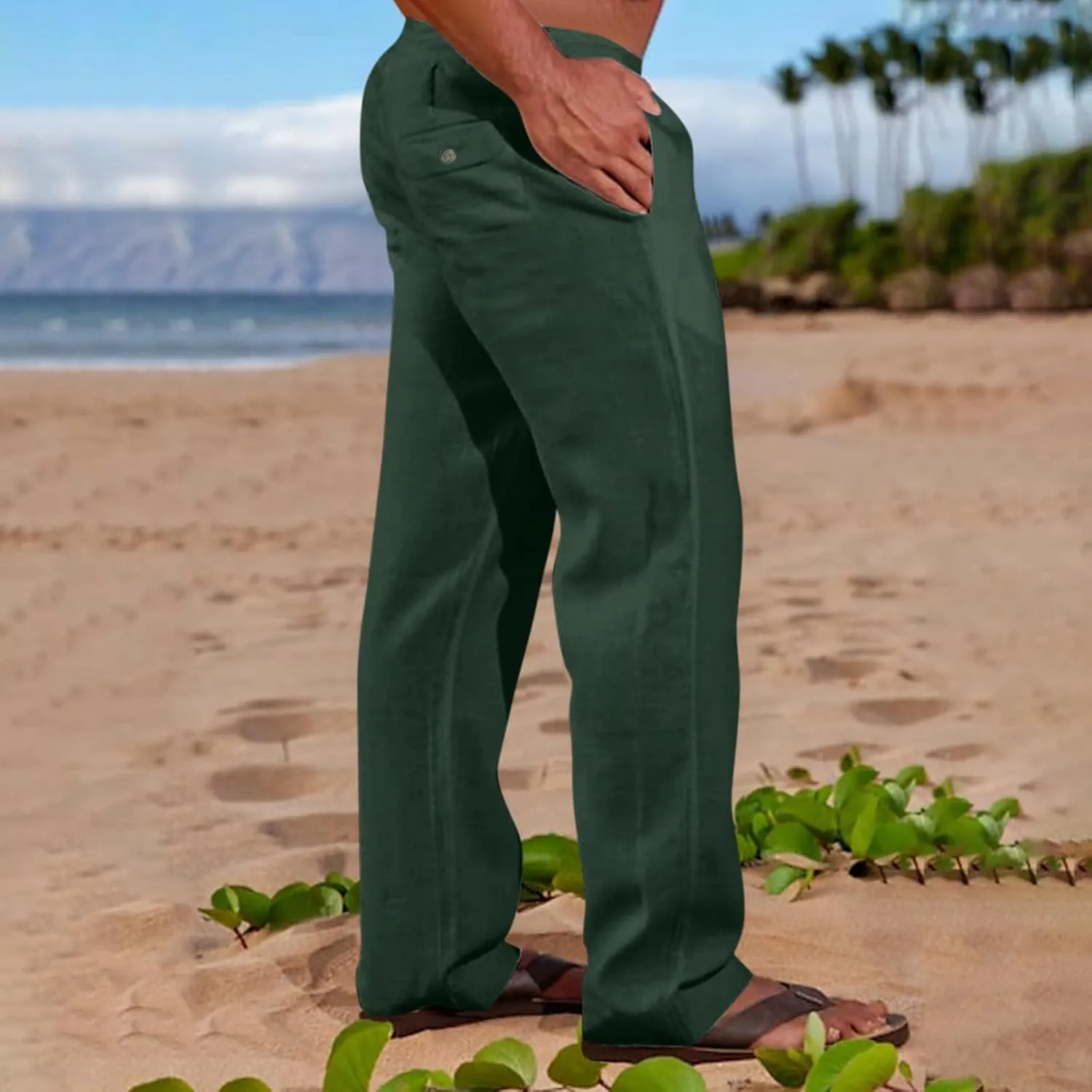 GIERIDUC Men's Casual Linen Pants Elastic Waist Drawstring Yoga Beach Pants Lightweight Loose Fit Hippie Trouser with Pockets