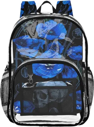 Girls Backpack for Kids Blue Poppy Flower Skull Black Clear Backpack for Women Plastic School Clear Bookbag