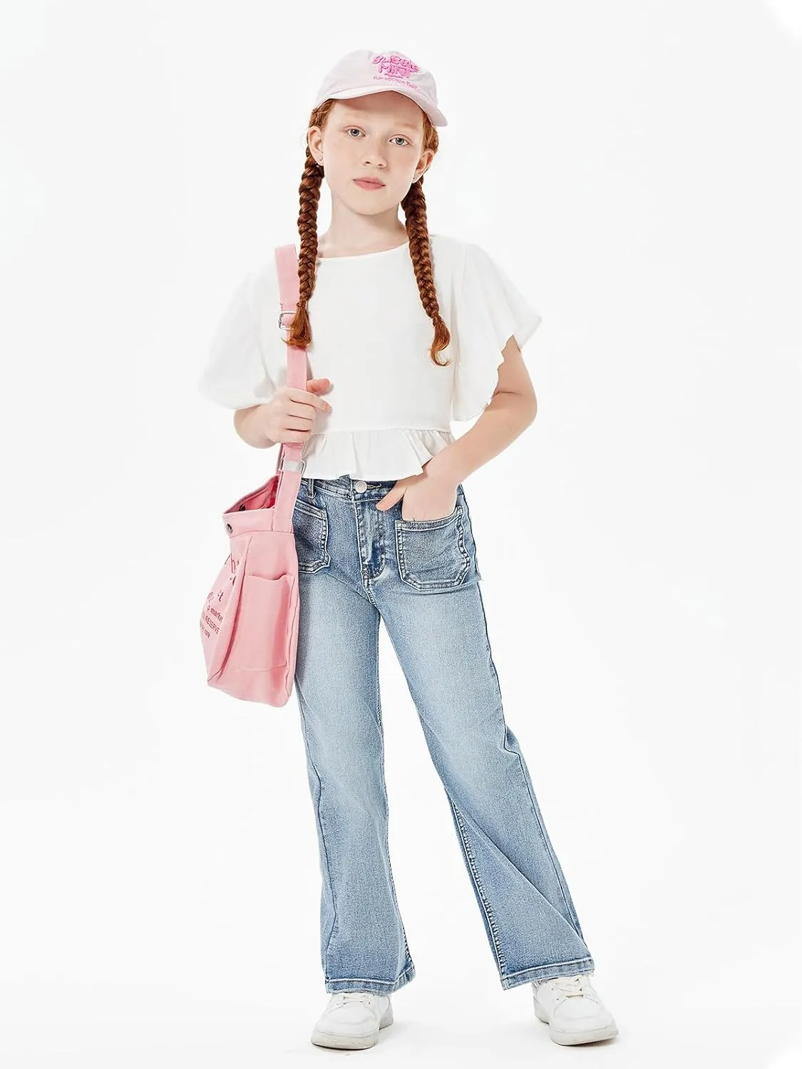 Haloumoning Girls High Waisted Jeans Straight Leg Stretch Demin Pants Cute Casual Trousers with Pockets