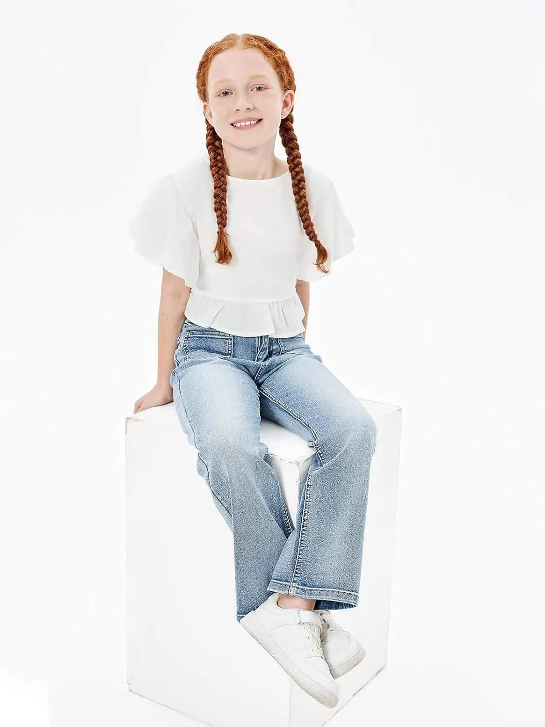 Haloumoning Girls High Waisted Jeans Straight Leg Stretch Demin Pants Cute Casual Trousers with Pockets