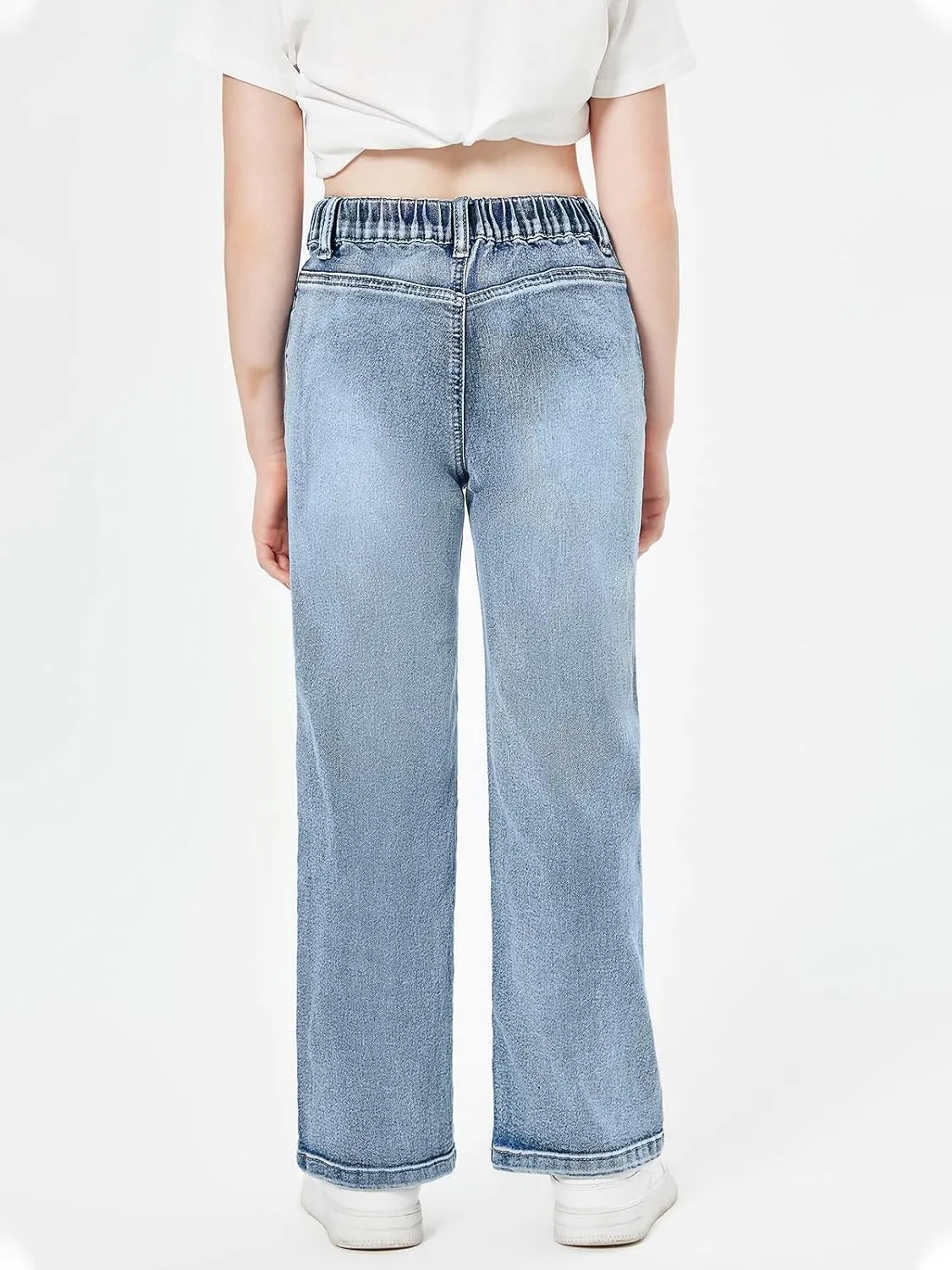 Haloumoning Girls High Waisted Jeans Straight Leg Stretch Demin Pants Cute Casual Trousers with Pockets