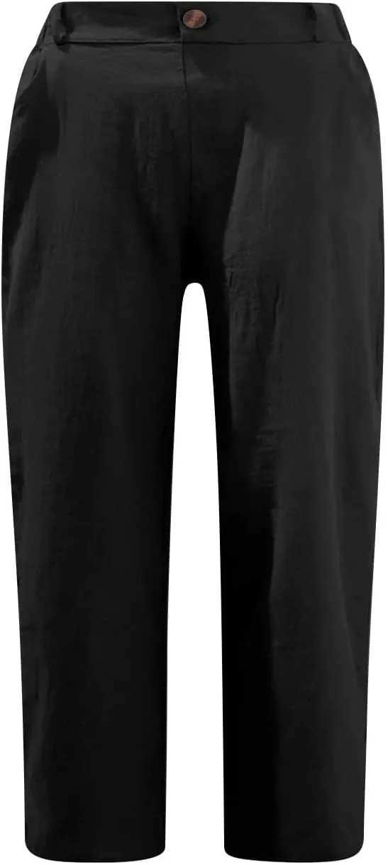 HGps8w Capri Linen Pants for Women Casual Summer Elastic High Waist Pants Straight Leg Cropped Trousers with Pockets
