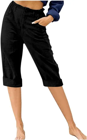 HGps8w Capri Linen Pants for Women Casual Summer Elastic High Waist Pants Straight Leg Cropped Trousers with Pockets