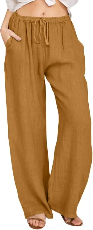 High Waisted Linen Pants Women Wide Leg Work Pants with Pockets Summer Casual Baggy Elastic Waist Trouser Pants