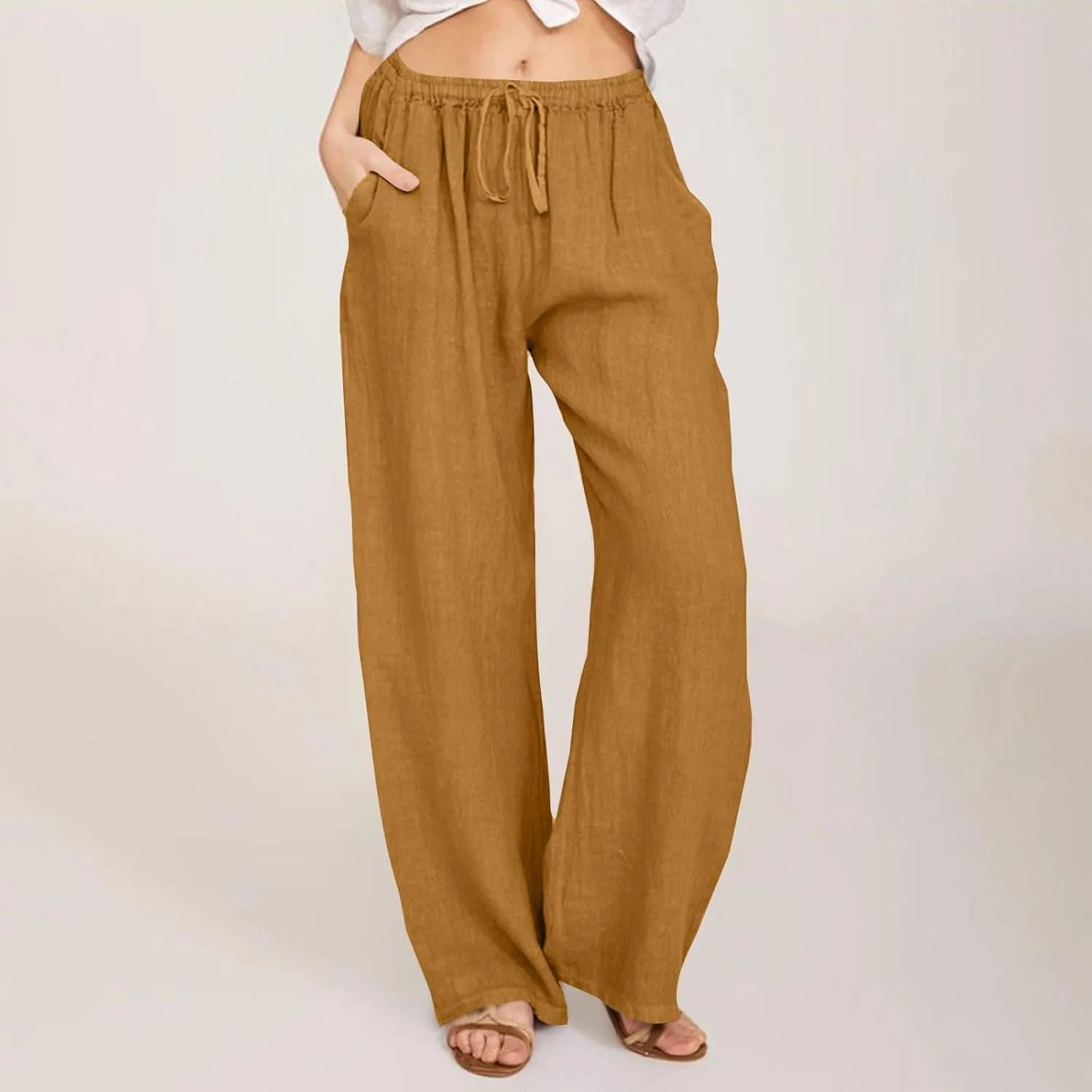High Waisted Linen Pants Women Wide Leg Work Pants with Pockets Summer Casual Baggy Elastic Waist Trouser Pants