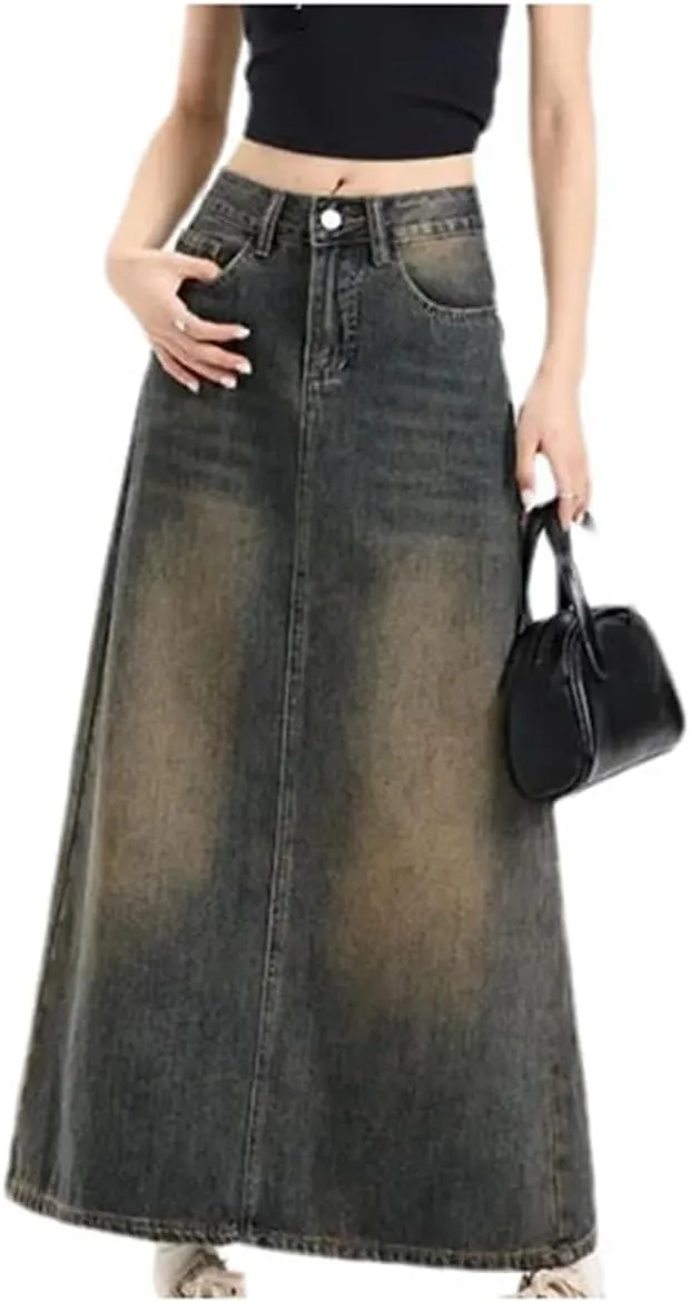 High-Waisted Vintage Denim Skirt Women's Pocket Side Slit Long Dress Slimming Leg-Lengthening