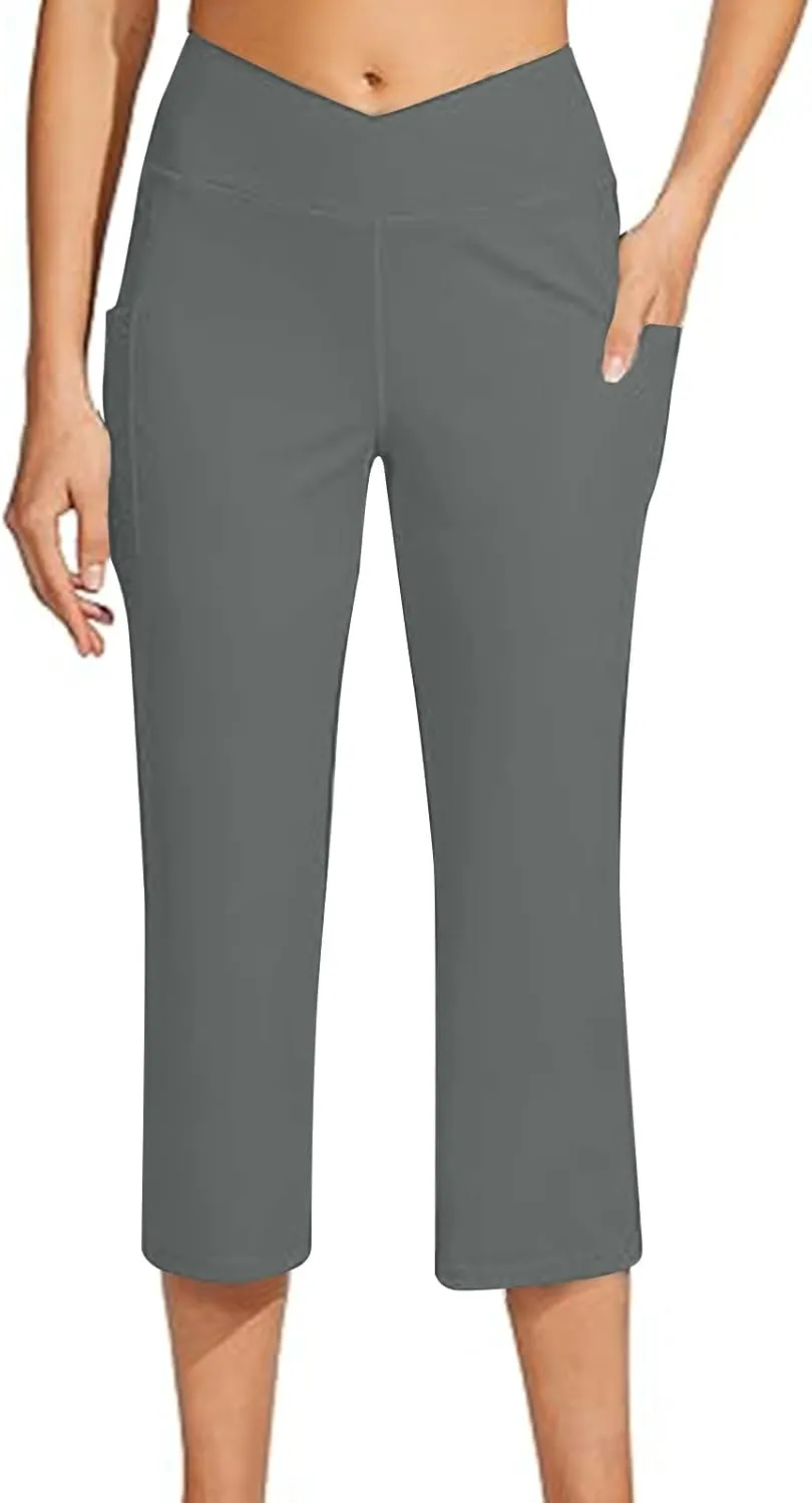 hlysgo Women's Yoga Capris Pants High Waist Leggings Crossover Straight Leg Crop Trousers Summer Workout Capris with Pockets