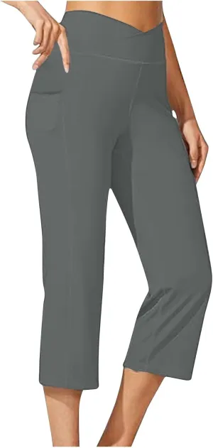 hlysgo Women's Yoga Capris Pants High Waist Leggings Crossover Straight Leg Crop Trousers Summer Workout Capris with Pockets