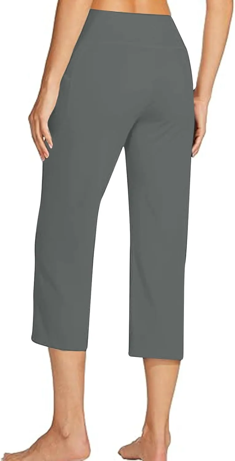 hlysgo Women's Yoga Capris Pants High Waist Leggings Crossover Straight Leg Crop Trousers Summer Workout Capris with Pockets