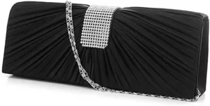 Homoyoyo Women's Rhinestone Shoulder Bag Black Tote Bridal Evening Clutch Pleated Detail Magnetic Snap Closure