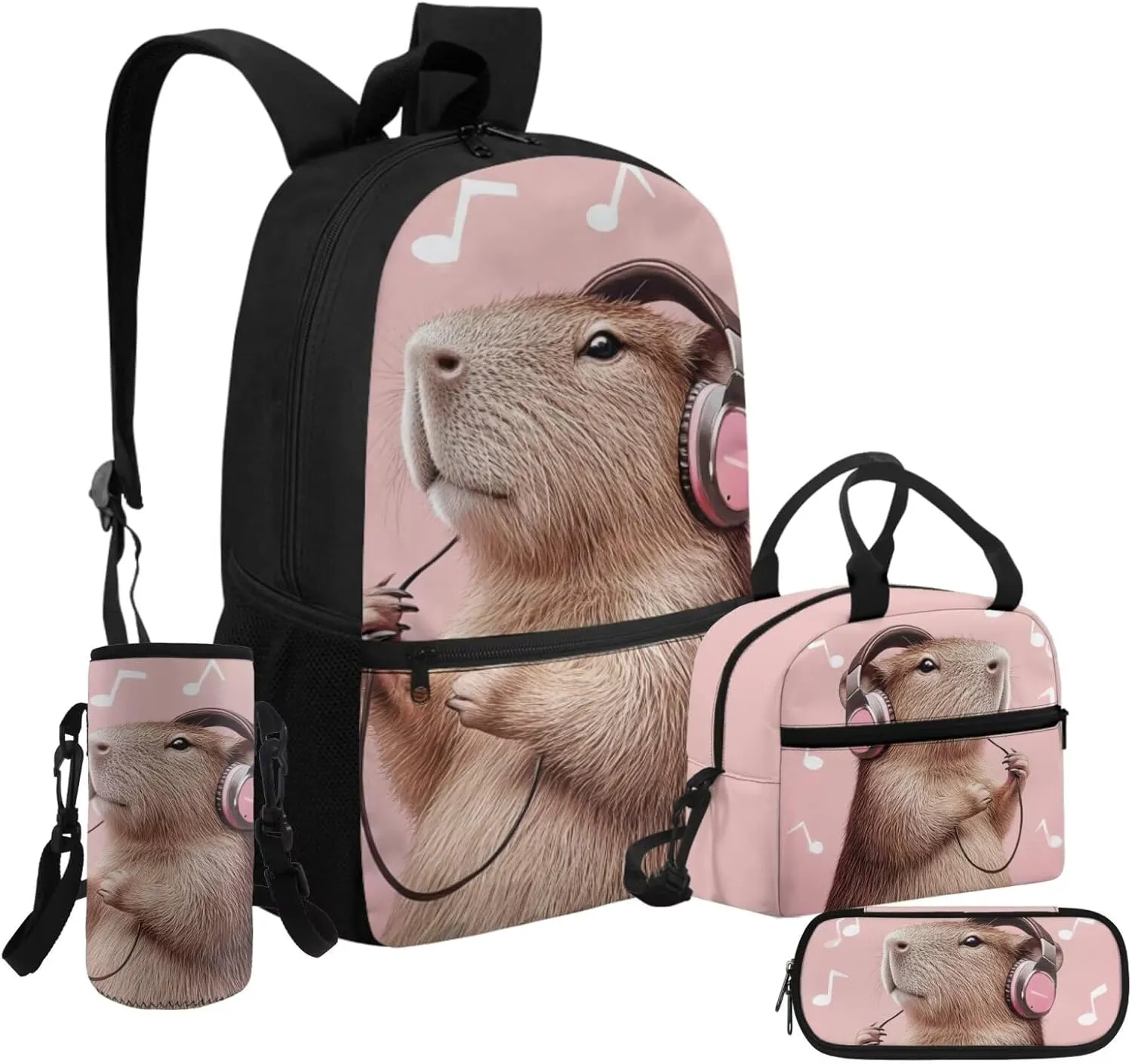 HUGS IDEA 3D Capybara Backpack for Girls Music Print Schoolbag Set with Lunch Box Pencil Case Water Bottle Cover Elementary School Bookbag for Kids 8-10 Large Book Bags for School Kids