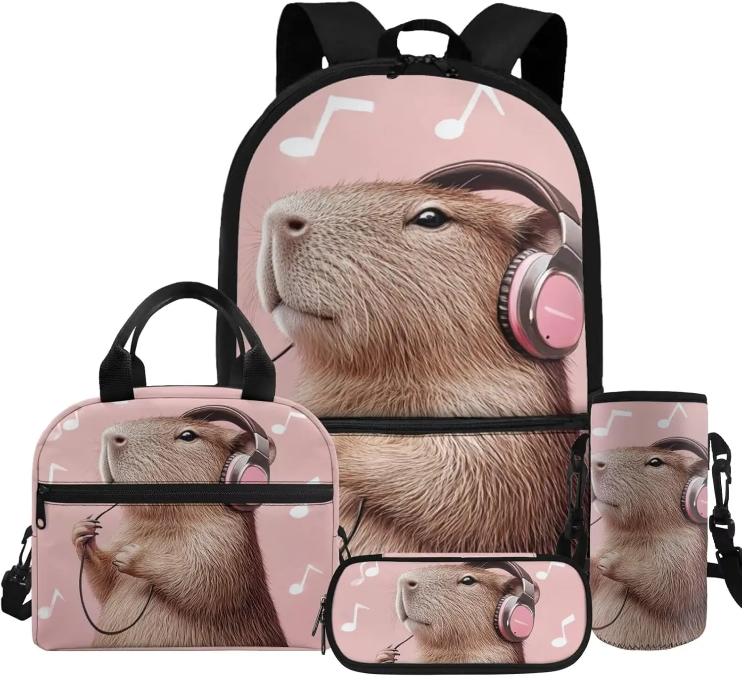 HUGS IDEA 3D Capybara Backpack for Girls Music Print Schoolbag Set with Lunch Box Pencil Case Water Bottle Cover Elementary School Bookbag for Kids 8-10 Large Book Bags for School Kids