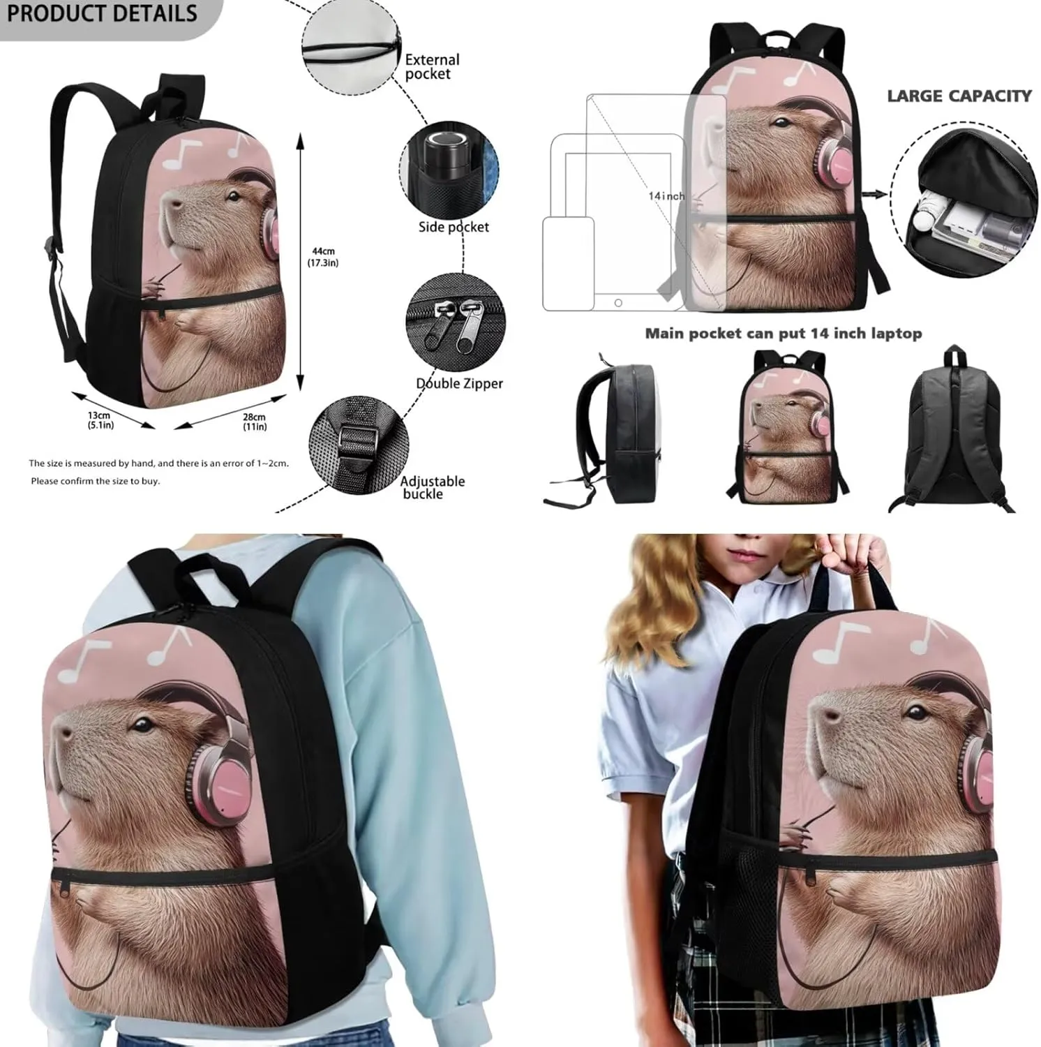 HUGS IDEA 3D Capybara Backpack for Girls Music Print Schoolbag Set with Lunch Box Pencil Case Water Bottle Cover Elementary School Bookbag for Kids 8-10 Large Book Bags for School Kids