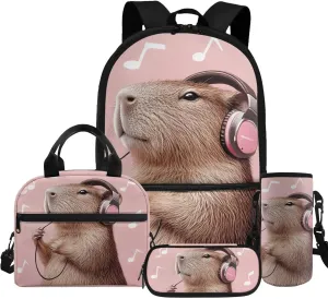 HUGS IDEA 3D Capybara Backpack for Girls Music Print Schoolbag Set with Lunch Box Pencil Case Water Bottle Cover Elementary School Bookbag for Kids 8-10 Large Book Bags for School Kids