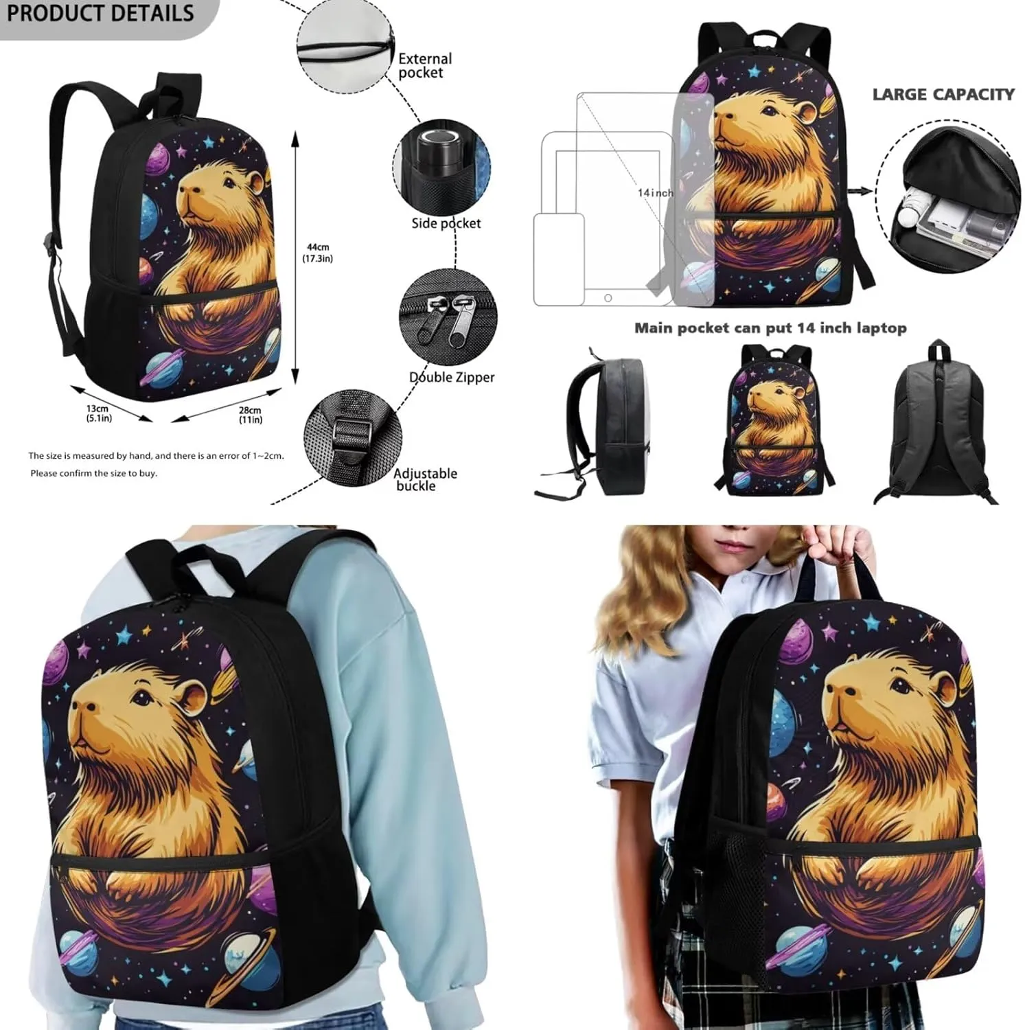 HUGS IDEA 3D Capybara Book Bag for Girls 8-10 Planets Backpack for Kids Space Themed Backpack Set with Lunchbox Water Bottle Holder 17 Inch Lightweight Elementary School Supplies