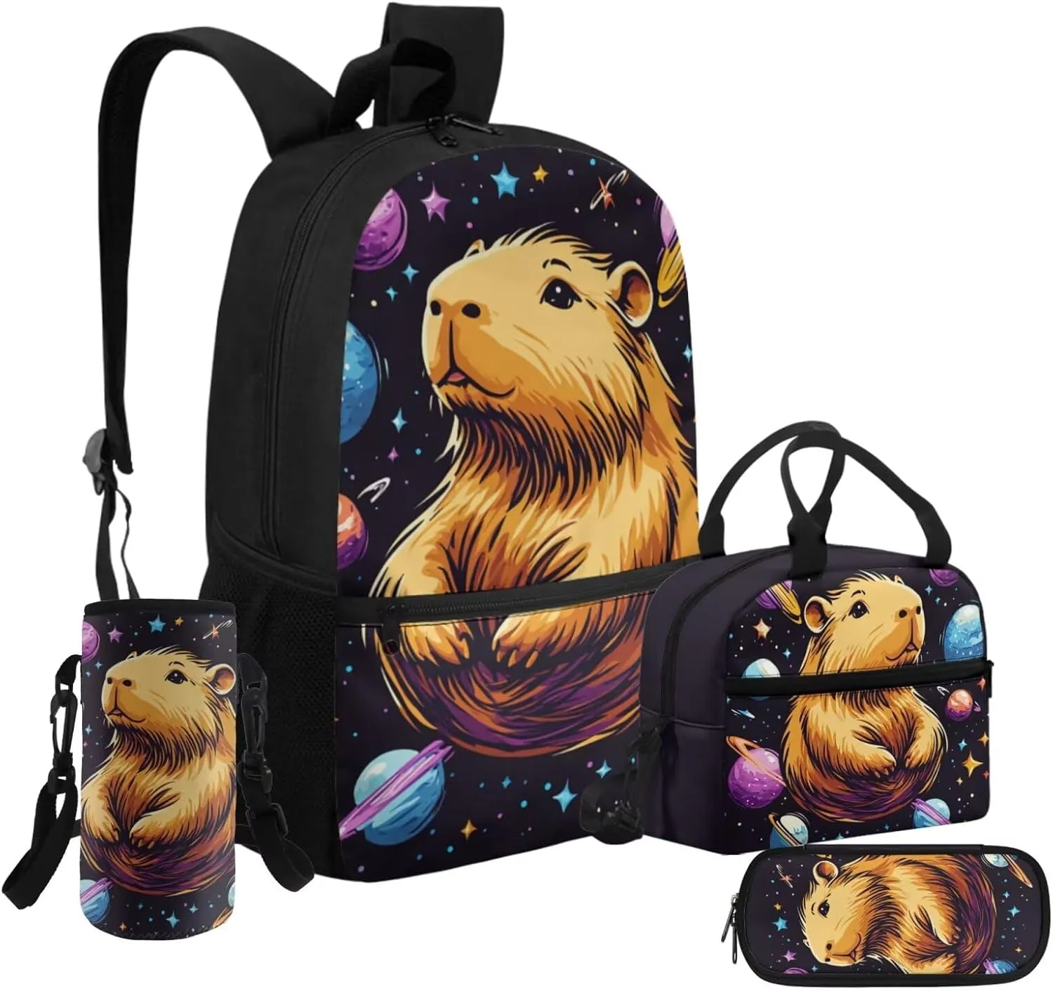 HUGS IDEA 3D Capybara Book Bag for Girls 8-10 Planets Backpack for Kids Space Themed Backpack Set with Lunchbox Water Bottle Holder 17 Inch Lightweight Elementary School Supplies