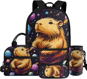 HUGS IDEA 3D Capybara Book Bag for Girls 8-10 Planets Backpack for Kids Space Themed Backpack Set with Lunchbox Water Bottle Holder 17 Inch Lightweight Elementary School Supplies