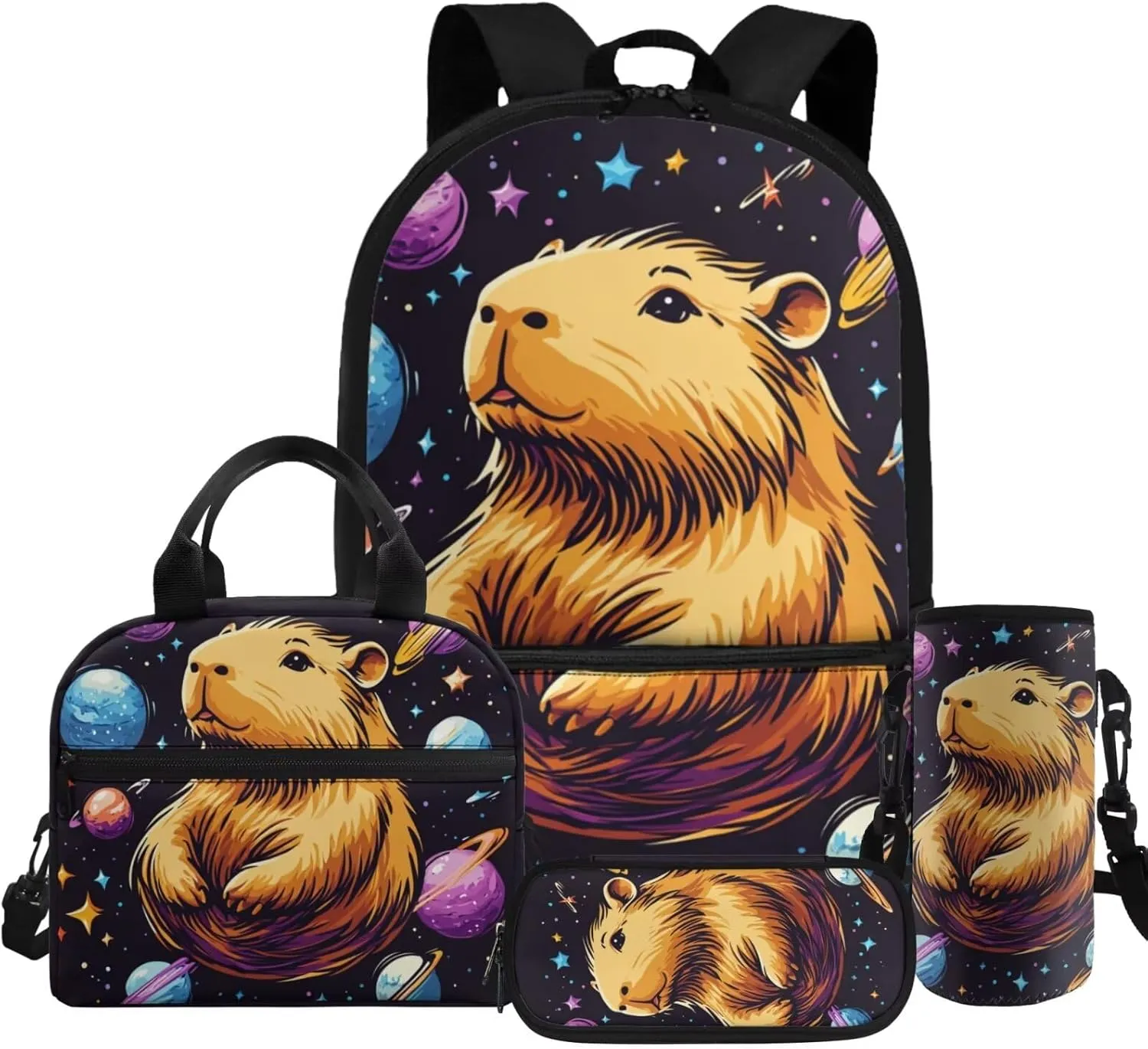 HUGS IDEA 3D Capybara Book Bag for Girls 8-10 Planets Backpack for Kids Space Themed Backpack Set with Lunchbox Water Bottle Holder 17 Inch Lightweight Elementary School Supplies