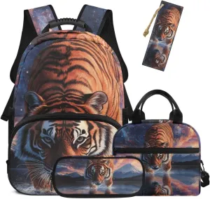 HUGS IDEA Aurora Tiger Boys Backpack for Elementary School Cool Animal Bookbag for Kids 6-8 School Backpacks with Lunch Box & Pencil Case & Bookmark 17 Inch Kids Travel Daypack