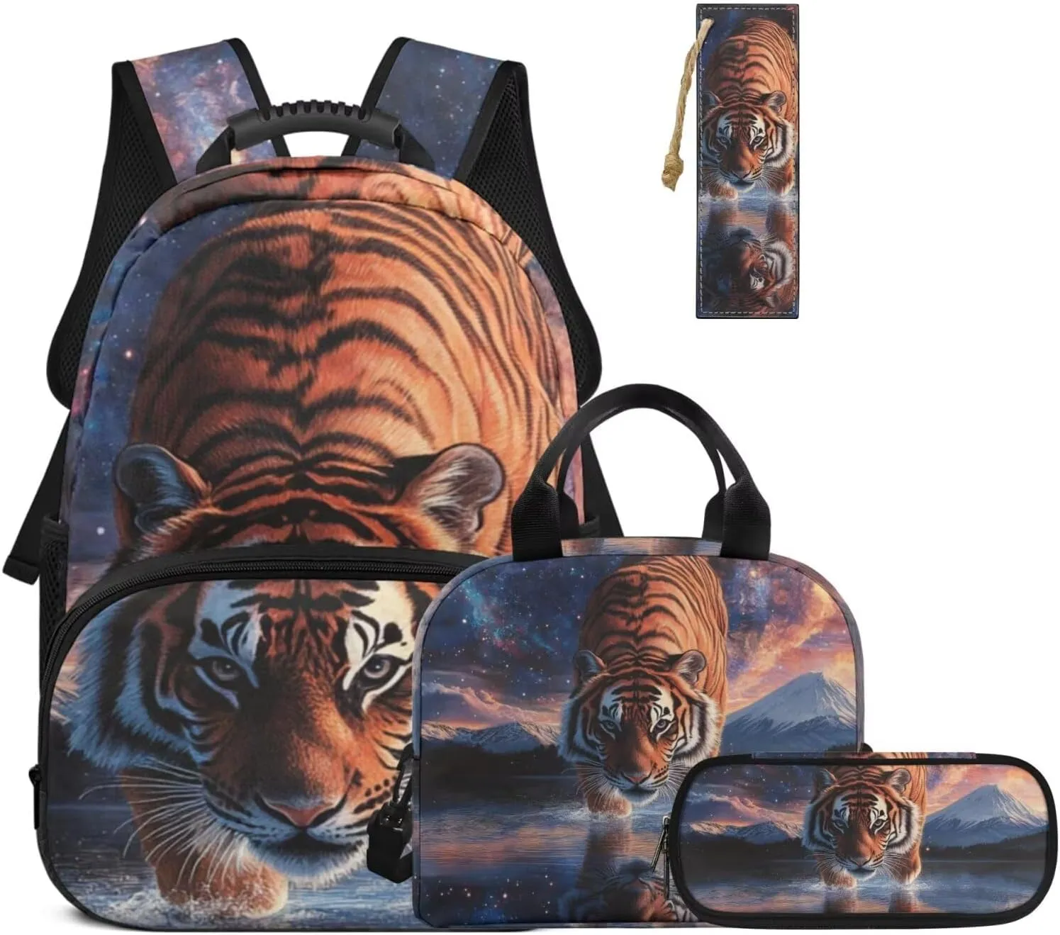 HUGS IDEA Aurora Tiger Boys Backpack for Elementary School Cool Animal Bookbag for Kids 6-8 School Backpacks with Lunch Box & Pencil Case & Bookmark 17 Inch Kids Travel Daypack