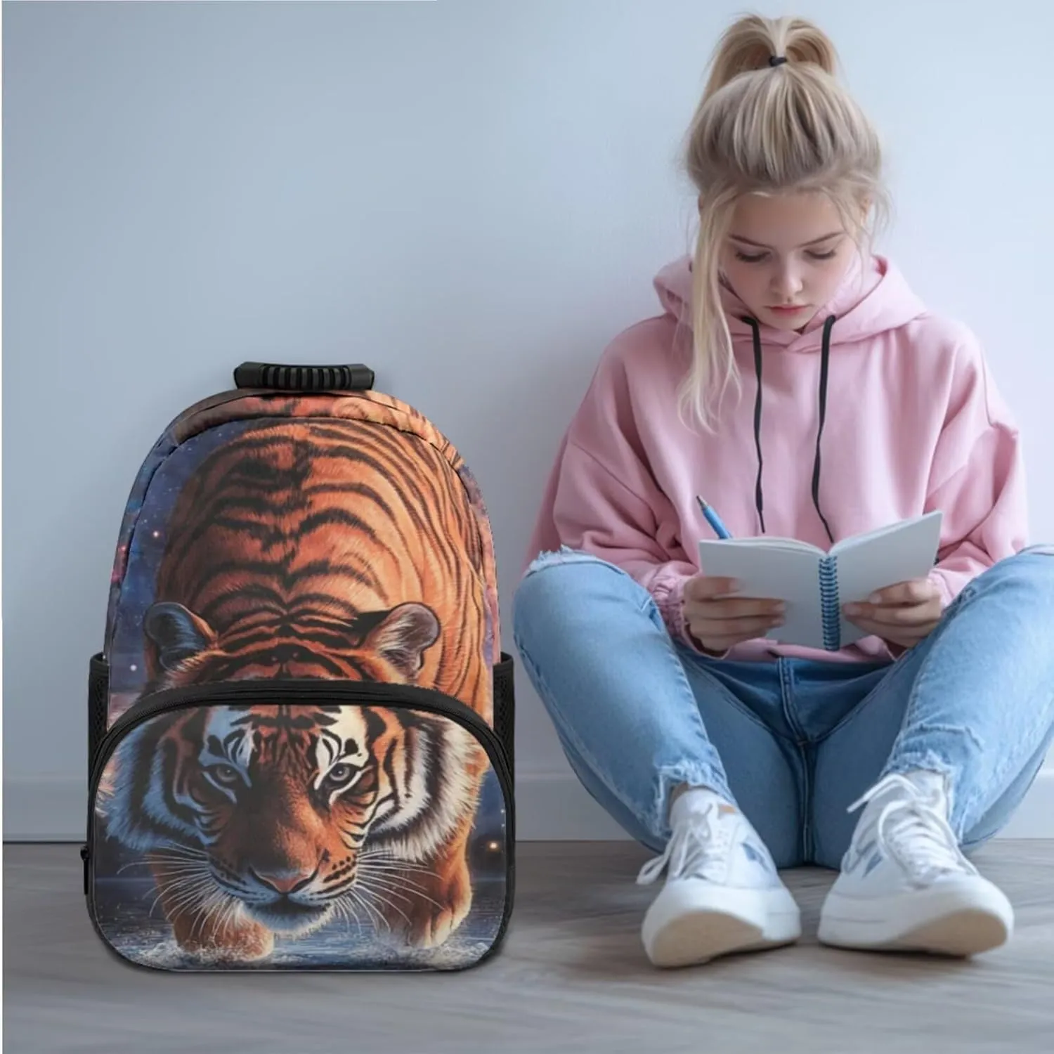 HUGS IDEA Aurora Tiger Boys Backpack for Elementary School Cool Animal Bookbag for Kids 6-8 School Backpacks with Lunch Box & Pencil Case & Bookmark 17 Inch Kids Travel Daypack
