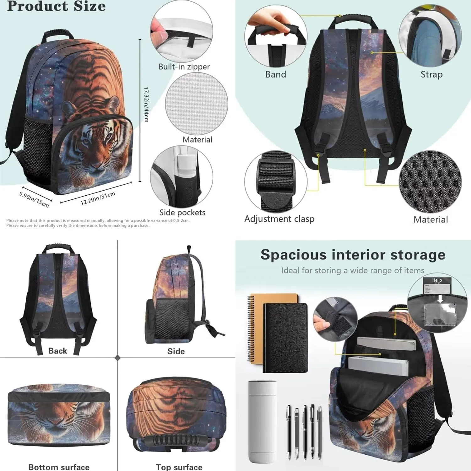 HUGS IDEA Aurora Tiger Boys Backpack for Elementary School Cool Animal Bookbag for Kids 6-8 School Backpacks with Lunch Box & Pencil Case & Bookmark 17 Inch Kids Travel Daypack