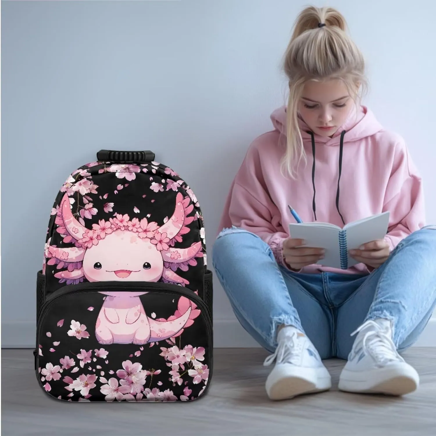 HUGS IDEA Axolotl Backpack for Girls with Lunchbox Cherry Blossom Bookbag for Kids Lightweight School Bag Set for Girls 8-10 Kids Backpack with Pencil Case for Students School Bookbags